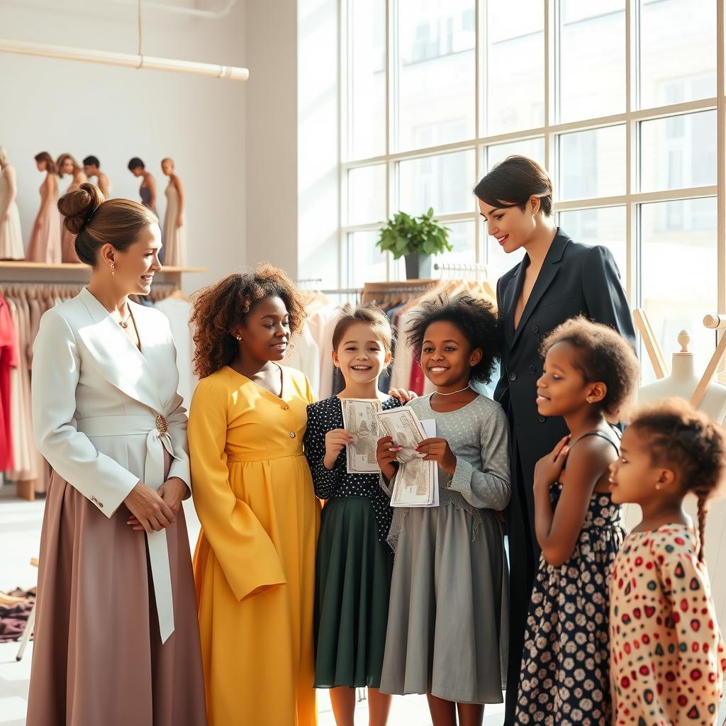 A heartwarming scene depicting French fashion designers donating money to orphans