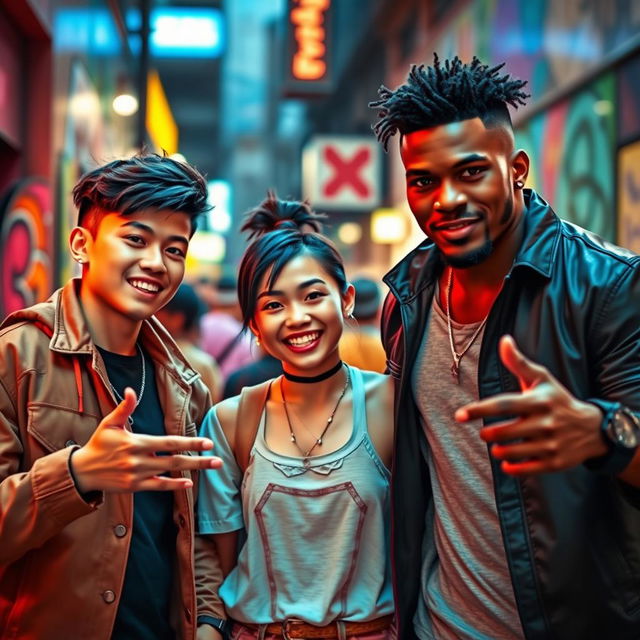 A vibrant and dynamic scene in an urban setting, featuring a short Southeast Asian girl with an expressive face, engaging playfully with two stylish young men: one a trendy white boy with a confident demeanor, dressed in urban fashion, and the other a tall black guy embodying strong features and an impressive physique, exuding charm