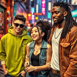 A vibrant and dynamic scene in an urban setting, featuring a short Southeast Asian girl with an expressive face, engaging playfully with two stylish young men: one a trendy white boy with a confident demeanor, dressed in urban fashion, and the other a tall black guy embodying strong features and an impressive physique, exuding charm