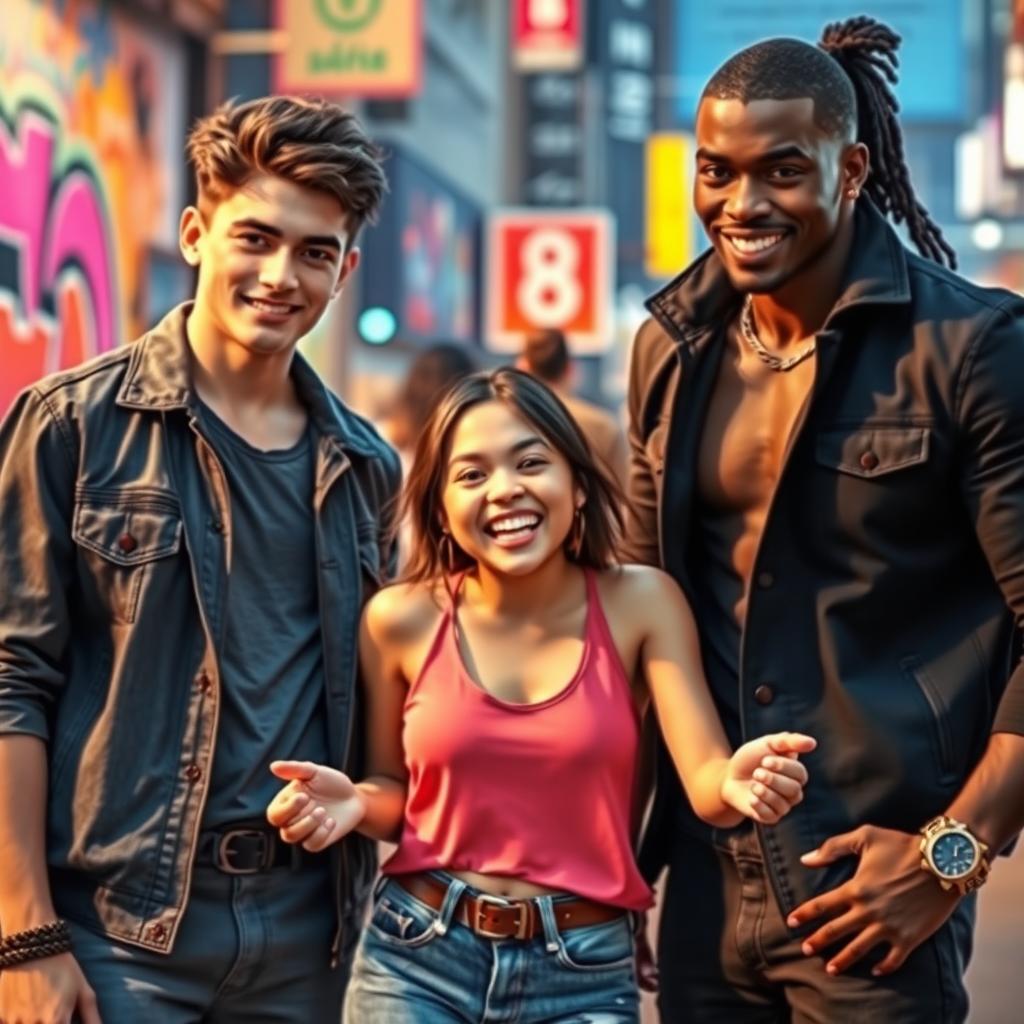 A vibrant and dynamic scene in an urban setting, featuring a short Southeast Asian girl with an expressive face, engaging playfully with two stylish young men: one a trendy white boy with a confident demeanor, dressed in urban fashion, and the other a tall black guy embodying strong features and an impressive physique, exuding charm