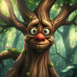 A whimsical and detailed depiction of a treant, a large, sentient tree creature from fantasy lore