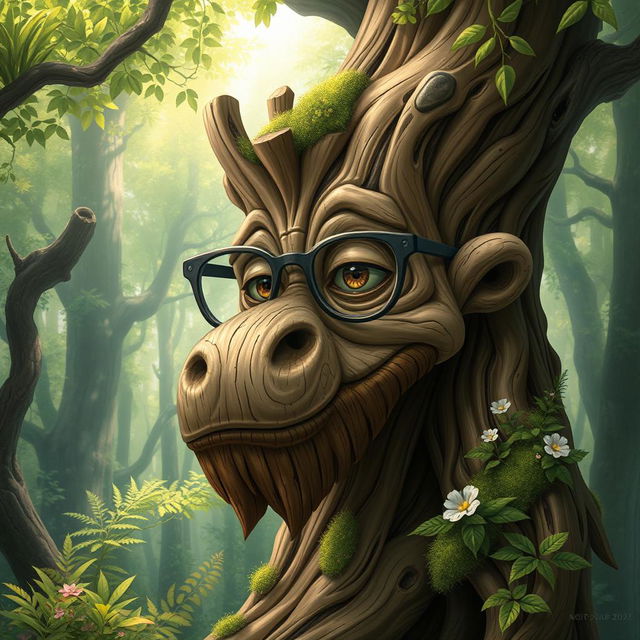 A whimsical and detailed depiction of a treant, a large, sentient tree creature from fantasy lore