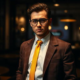 A mysterious man standing confidently in a brown checkered jacket, white shirt, and a vibrant yellow tie