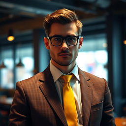 A mysterious man standing confidently in a brown checkered jacket, white shirt, and a vibrant yellow tie