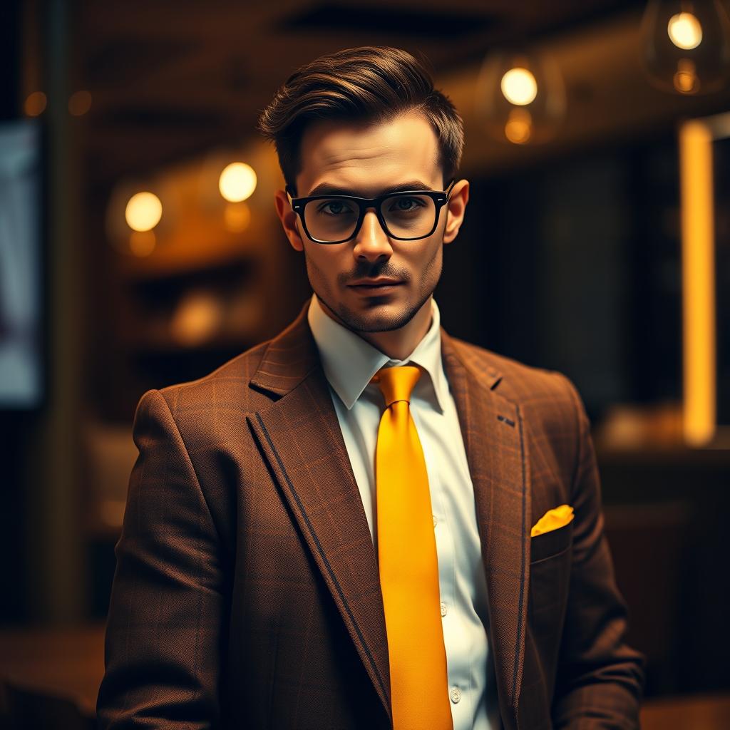 A mysterious man standing confidently in a brown checkered jacket, white shirt, and a vibrant yellow tie