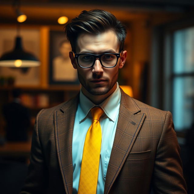 A mysterious man standing confidently in a brown checkered jacket, white shirt, and a vibrant yellow tie