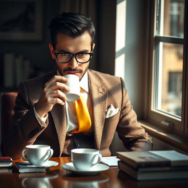 A mysterious man seated at a table, sipping coffee, wearing a brown checkered blazer, a crisp white shirt, and a vibrant yellow tie