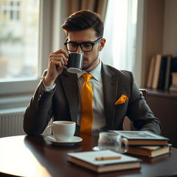 A mysterious man seated at a table, sipping coffee, wearing a brown checkered blazer, a crisp white shirt, and a vibrant yellow tie