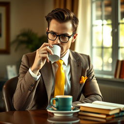 A mysterious man seated at a table, sipping coffee, wearing a brown checkered blazer, a crisp white shirt, and a vibrant yellow tie