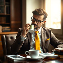 A mysterious man seated at a table, sipping coffee, wearing a brown checkered blazer, a crisp white shirt, and a vibrant yellow tie
