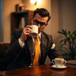 A mysterious man sitting at a table, drinking coffee