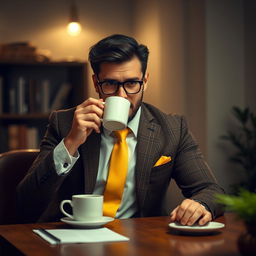 A mysterious man sitting at a table, drinking coffee