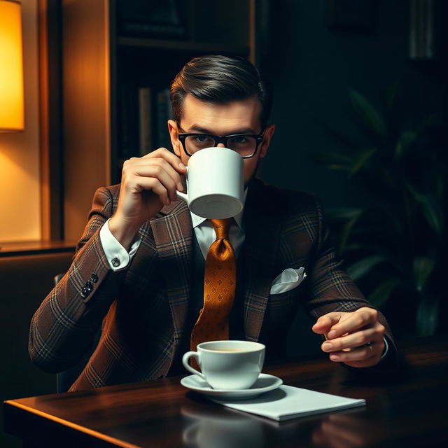 A mysterious man sitting at a table, drinking coffee