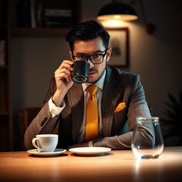 A mysterious man sitting at a table, drinking coffee