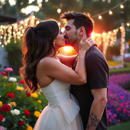 A romantic and heartwarming scene of Georgina Rodriguez sharing a tender kiss with Lionel Messi, both of them smiling and surrounded by a soft, dreamy atmosphere