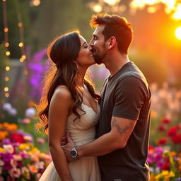 A romantic and heartwarming scene of Georgina Rodriguez sharing a tender kiss with Lionel Messi, both of them smiling and surrounded by a soft, dreamy atmosphere