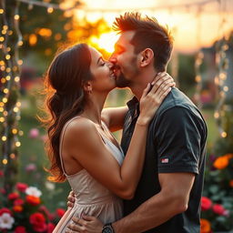 A romantic and heartwarming scene of Georgina Rodriguez sharing a tender kiss with Lionel Messi, both of them smiling and surrounded by a soft, dreamy atmosphere