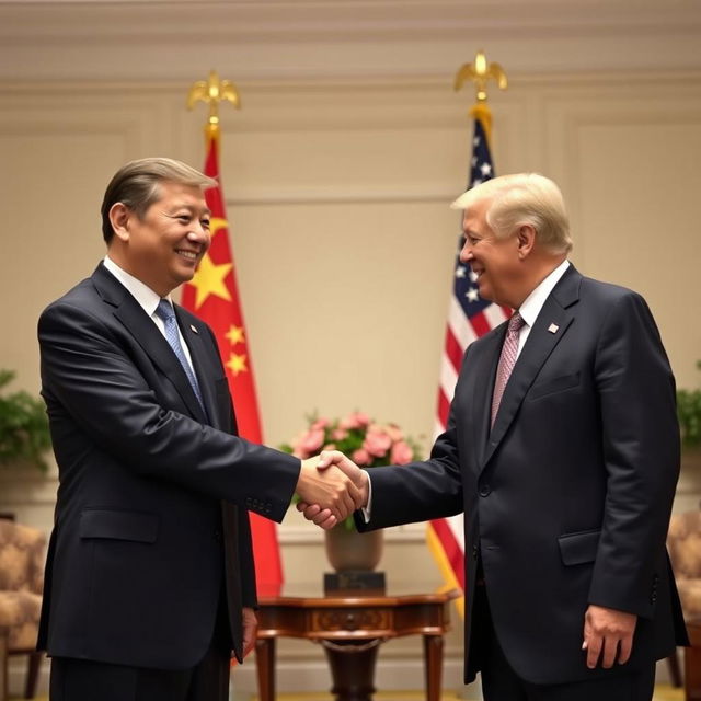 A formal setting depicting the handshake between the Presidents of China and the United States