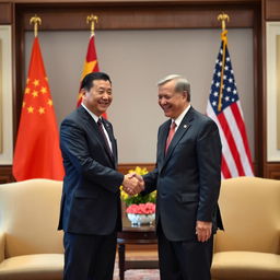 A formal setting depicting the handshake between the Presidents of China and the United States
