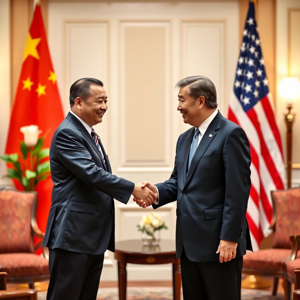 A formal setting depicting the handshake between the Presidents of China and the United States