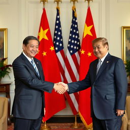 A formal setting depicting the handshake between the Presidents of China and the United States