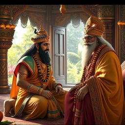 A captivating scene depicting a conversation between King Bali, adorned in traditional royal attire with intricate jewelry and rich fabrics, and Guru Shukracharya, dressed in a flowing sage's robe, with a wise expression and an aura of mystique