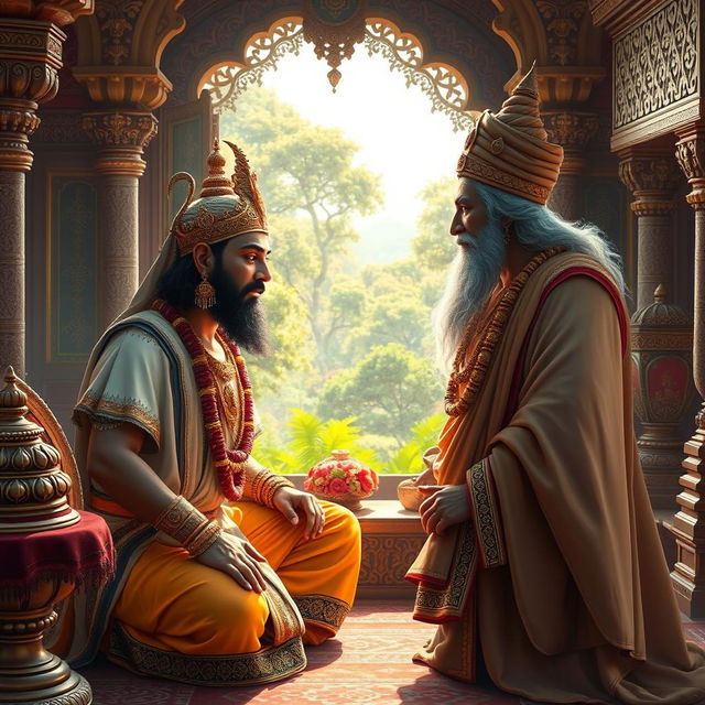 A captivating scene depicting a conversation between King Bali, adorned in traditional royal attire with intricate jewelry and rich fabrics, and Guru Shukracharya, dressed in a flowing sage's robe, with a wise expression and an aura of mystique