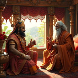 A captivating scene depicting a conversation between King Bali, adorned in traditional royal attire with intricate jewelry and rich fabrics, and Guru Shukracharya, dressed in a flowing sage's robe, with a wise expression and an aura of mystique