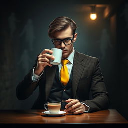 A mysterious man seated at a table in a dimly lit basement, sipping coffee