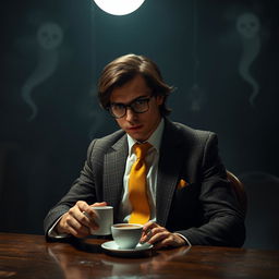 A mysterious man seated at a table in a dimly lit basement, sipping coffee