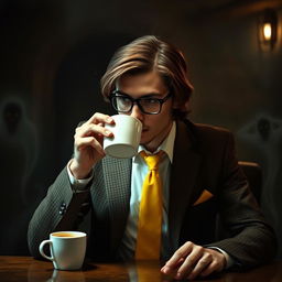 A mysterious man seated at a table in a dimly lit basement, sipping coffee