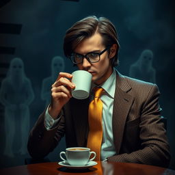 A mysterious man seated at a table in a dimly lit basement, sipping coffee
