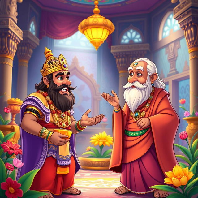 An animated scene showcasing a lively conversation between King Bali, wearing elaborate royal attire with shimmering jewelry, and Guru Shukracharya, depicted in flowing sage robes with a wise and serene expression