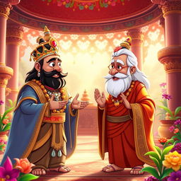 An animated scene showcasing a lively conversation between King Bali, wearing elaborate royal attire with shimmering jewelry, and Guru Shukracharya, depicted in flowing sage robes with a wise and serene expression