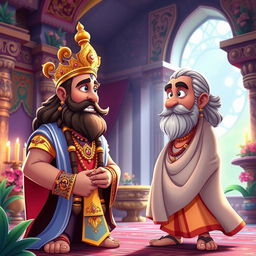 An animated scene showcasing a lively conversation between King Bali, wearing elaborate royal attire with shimmering jewelry, and Guru Shukracharya, depicted in flowing sage robes with a wise and serene expression