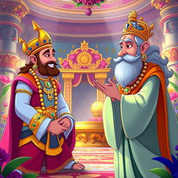 An animated scene showcasing a lively conversation between King Bali, wearing elaborate royal attire with shimmering jewelry, and Guru Shukracharya, depicted in flowing sage robes with a wise and serene expression