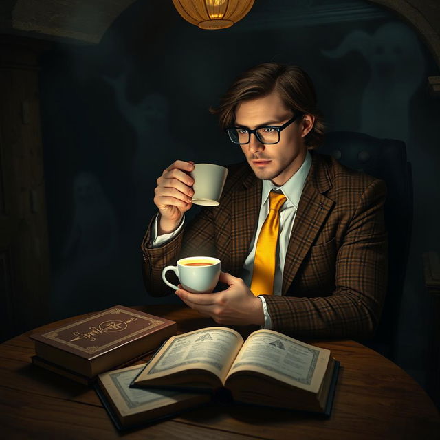 A mysterious man seated at a table in a dark basement, sipping coffee