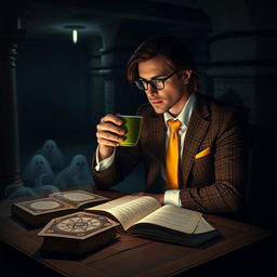 A mysterious man seated at a table in a dark basement, sipping coffee