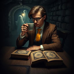 A mysterious man seated at a table in a dark basement, sipping coffee
