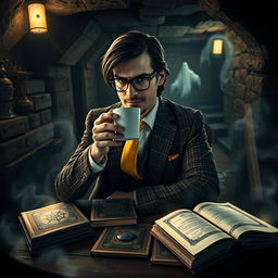 A mysterious man seated at a table in a dark basement, sipping coffee