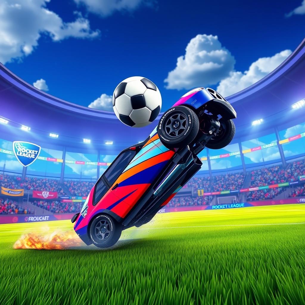A dynamic and exciting scene of a Peugeot 406 car in the Rocket League stadium, highlighting the car's sleek design and vibrant colors