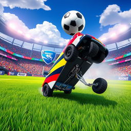 A dynamic and exciting scene of a Peugeot 406 car in the Rocket League stadium, highlighting the car's sleek design and vibrant colors