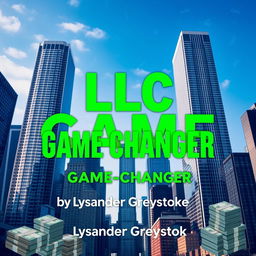 A realistic cityscape background featuring towering skyscrapers that symbolize business success and growth