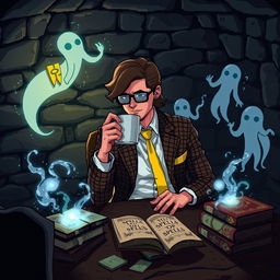 A pixel art depiction of a mysterious man sitting at a table in a dark basement, sipping coffee
