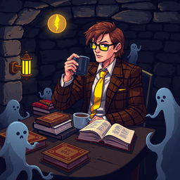 A pixel art depiction of a mysterious man sitting at a table in a dark basement, sipping coffee