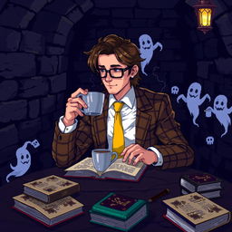 A pixel art depiction of a mysterious man sitting at a table in a dark basement, sipping coffee