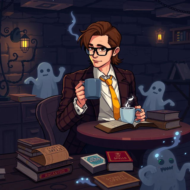 A pixel art depiction of a mysterious man sitting at a table in a dark basement, sipping coffee