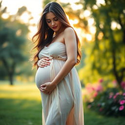 A beautiful woman with a large pregnant belly, standing gracefully in a lush green park