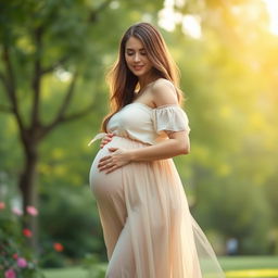 A beautiful woman with a large pregnant belly, standing gracefully in a lush green park