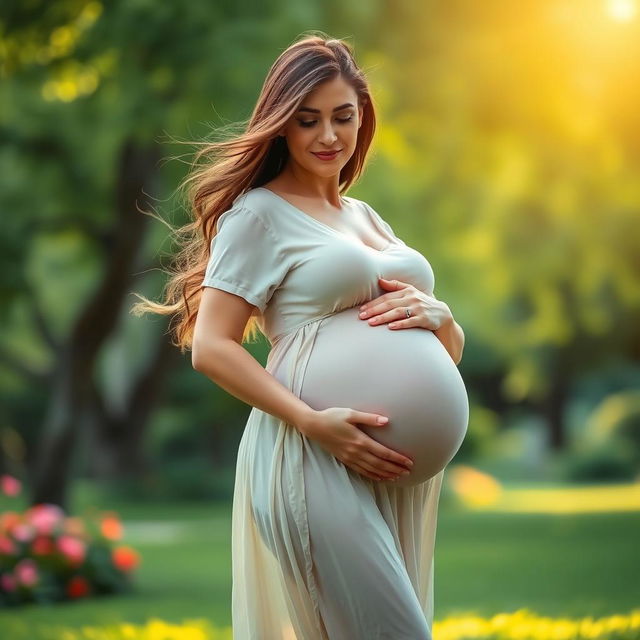 A beautiful woman with a large pregnant belly, standing gracefully in a lush green park